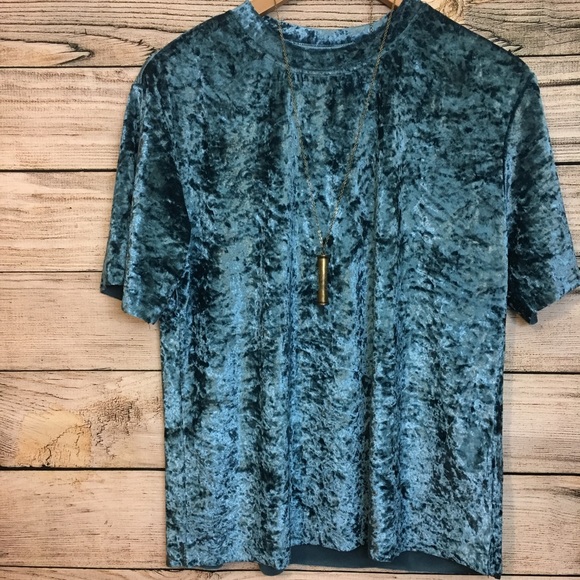 shein Tops - 🍍 Aqua Blue Crushed Velvet T-Shirt Size Large